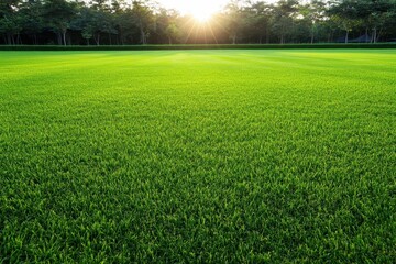 Lush green grass field at sunset
