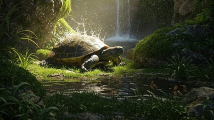 Jungle Turtle Under Waterfall – World Turtle Day | World Sea Turtle Day | Sea Turtle | Save Turtle | 4K HD High Quality Turtle Laptop Desktop 16:9 Wallpaper Background