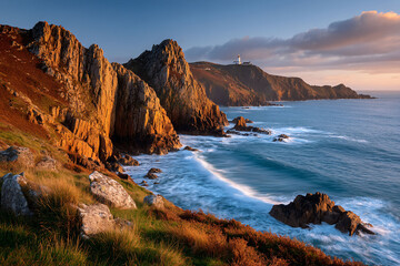 Obraz premium Coastal landscape view with rugged cliffs and light, turquoise sea rolling in