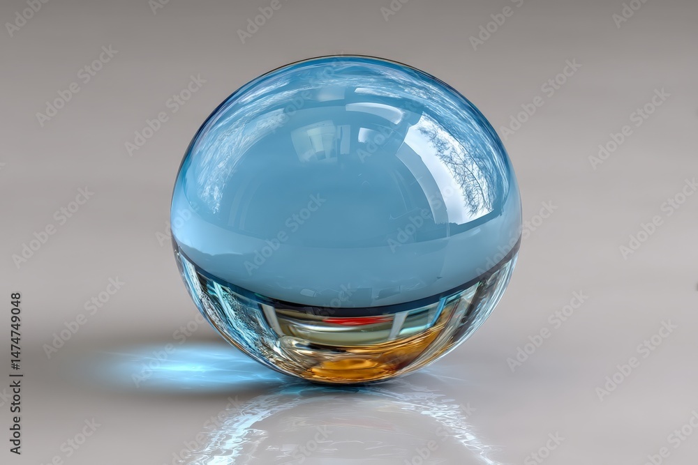 Poster elegant blue glass sphere resting on a smooth surface reflecting light and colors in a bright enviro