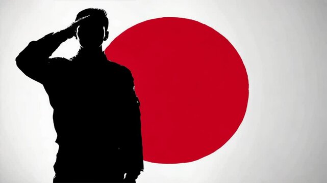 Silhouette of a man saluting in front of a Japanese flag, symbol of respect and patriotism, gion matsuri, kanda matsuri, japan flags