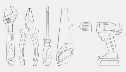 Naklejka premium Hand-drawn line art illustration of construction and repair tools including wrench, pliers, screwdriver, handsaw, cordless drill, infographics, and DIY concept visuals.