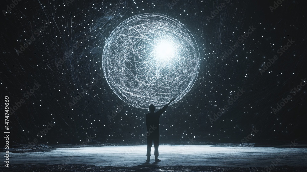 Poster cosmic symphony: an evocative illustration of a figure interacting with a luminescent, interconnecte