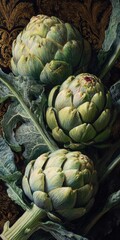 Obraz premium Three fresh green artichokes with leaves on a dark decorative background. Illustration in Dutch Renaissance style