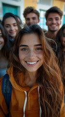 Obraz premium Happy girl with friends outdoors.