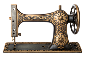 Ornate vintage sewing machine with gold floral details isolated with transparent background