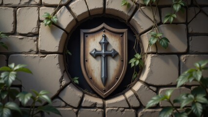 Medieval Shield with Cross Emblem in Stone Wall, Vintage Knight Symbol, Fantasy Decoration