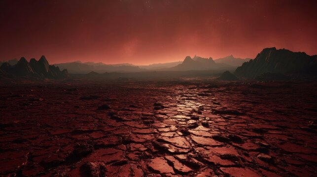 Long cinematic drone shot of Proxima Centauri B's surface. Vast, cracked red soil stretching into the horizon, with occasional jagged rock formations under a dim red sky
