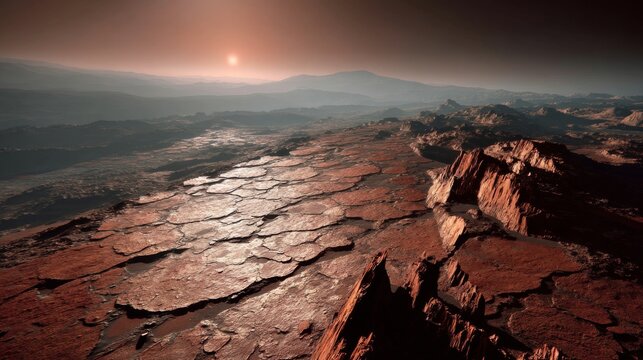 Long cinematic drone shot of Proxima Centauri B's surface. Vast, cracked red soil stretching into the horizon, with occasional jagged rock formations under a dim red sky