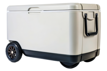 Large beige wheeled cooler with black handles and wheels isolated with transparent background