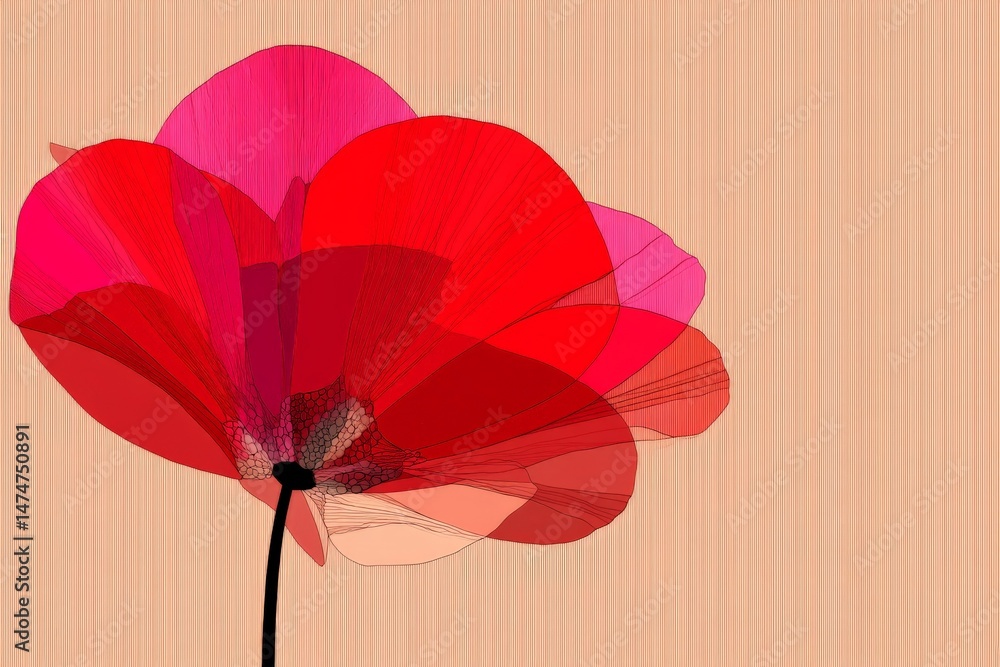 Poster vivid red flower with layered petals set against a soft textured background in a contemporary artist