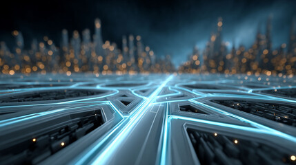 Cyberpunk style abstract city with luminous blue roads and blurry gold buildings
