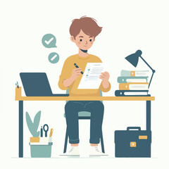 Cartoon Boy Checking List at Desk