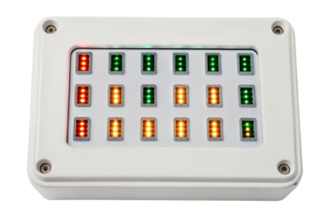 Electronic indicator panel with multiple colored LED lights isolated with transparent background