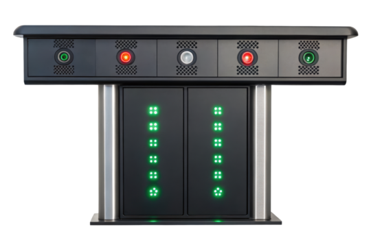 Black electronic device with status lights on metal pillars isolated with transparent background