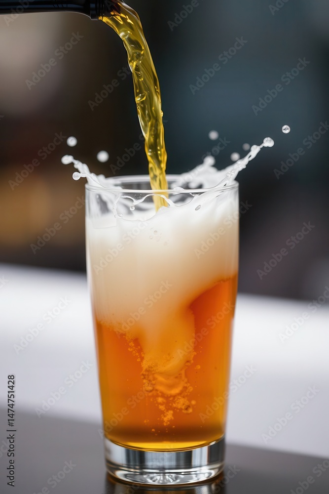 Poster a refreshing drink is poured into a glass, creating a splash and a frothy head on the beverage.