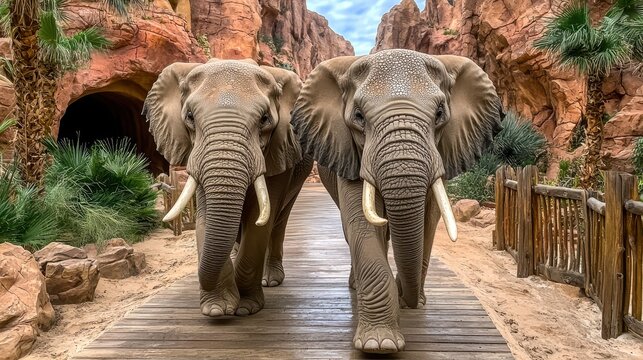 Two Elephants Walk on Wooden Path Through Red Rock Canyon