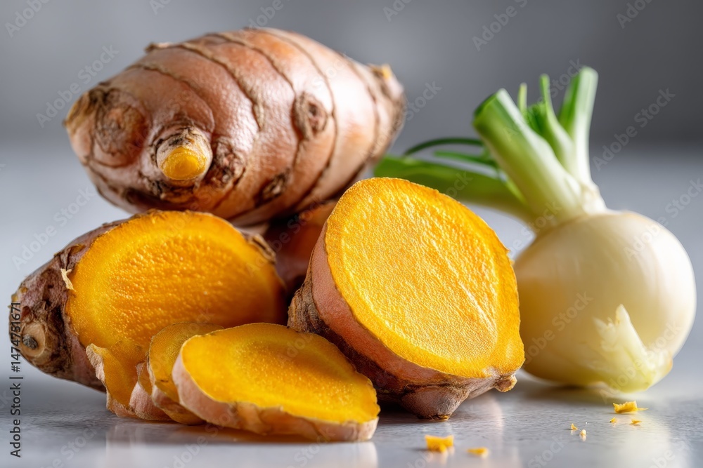 Aufkleber fresh turmeric root and green onions displayed together on a light surface in a kitchen setting