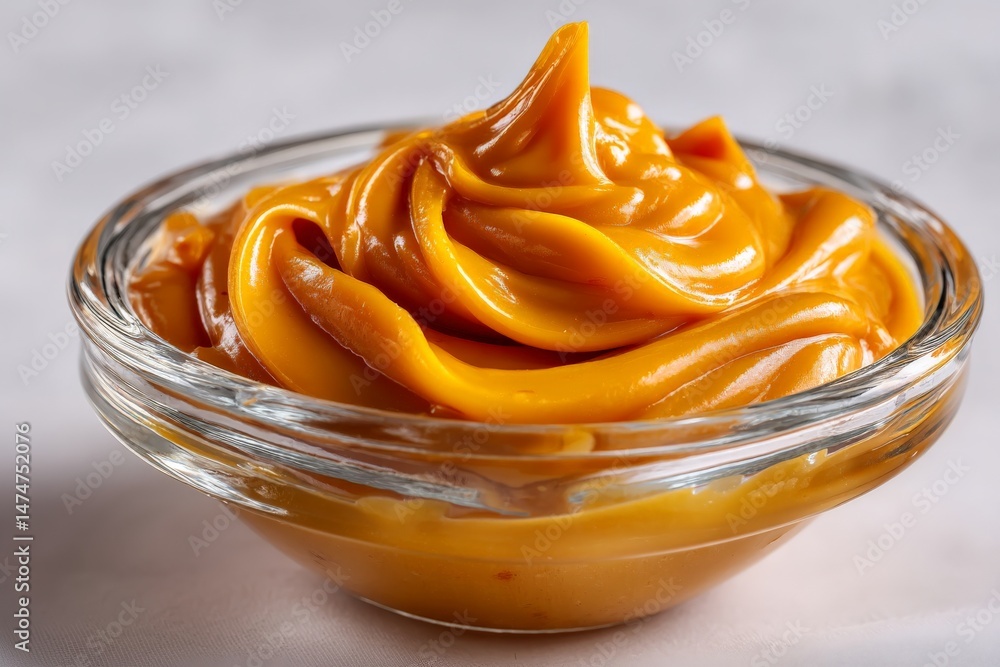 Poster smooth and creamy butterscotch sauce presented in a clear glass bowl on a light background for desse