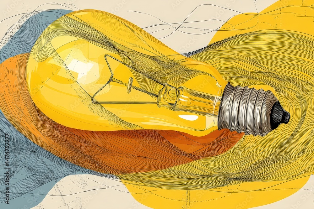 Poster Creative illustration of a light bulb surrounded by colorful wave patterns in an artistic composition