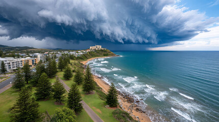 Fototapeta premium Dramatic storm clouds tower above ocean coastline with a building atop a cliff