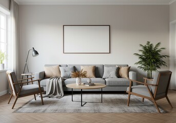 A living room with a gray sofa, two chairs, a coffee table, and a picture frame on the wall