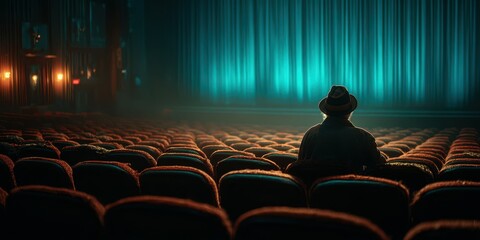 Lonely figure watching a movie in an empty theater during a quiet evening