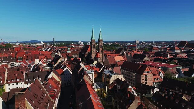 Aerial drone view of St. Sebald Church (Sebalduskirche) in N&uuml;rnberg, Germany