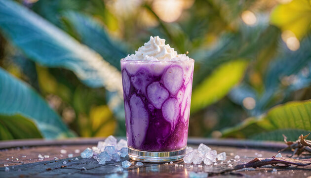 Iced ube latte in a glass tumbler with vibrant purple swirls and coconut cream, topped with crushed ice and set against a banana leaf backdrop in warm golden hour light.