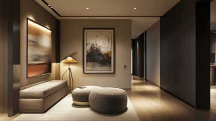 Minimalist Home with Pouf Framed Abstract and Lamp