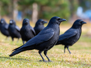 Obraz premium Flock of black birds standing on green grass field, with more birds blurred behind