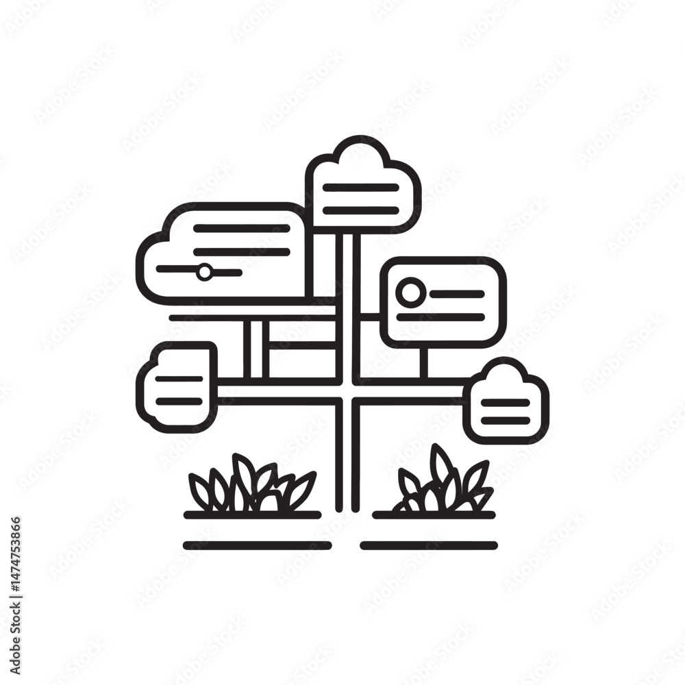Poster a minimalist line showcases cloud computing network above plants on a white transparent background