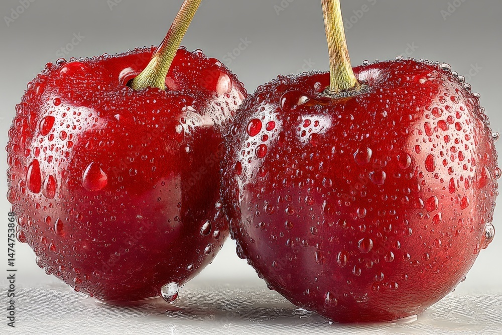 Poster Fresh red cherries with water droplets resting on a smooth surface in a close-up display