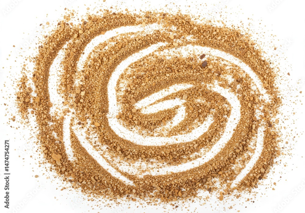 Poster a spiral pattern made of brown granular material on a white surface creating a swirl design art