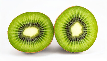 Fototapeta premium a close up shot displays two halves of a fruit set against a stark white background. the fruits are a vibrant green shade, revealing a pattern of radiating dark seeds