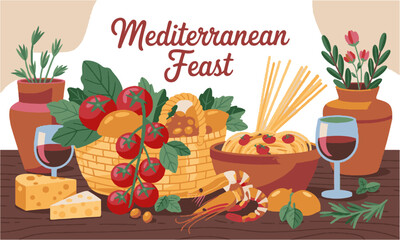 Modern vector illustration featuring a Mediterranean food theme, easily scalable and editable.