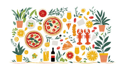 Modern vector illustration featuring a Mediterranean food theme, easily scalable and editable.