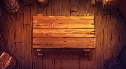 Wooden table in a dimly lit room.  Wooden planks, aged look, barrels and crates in the background