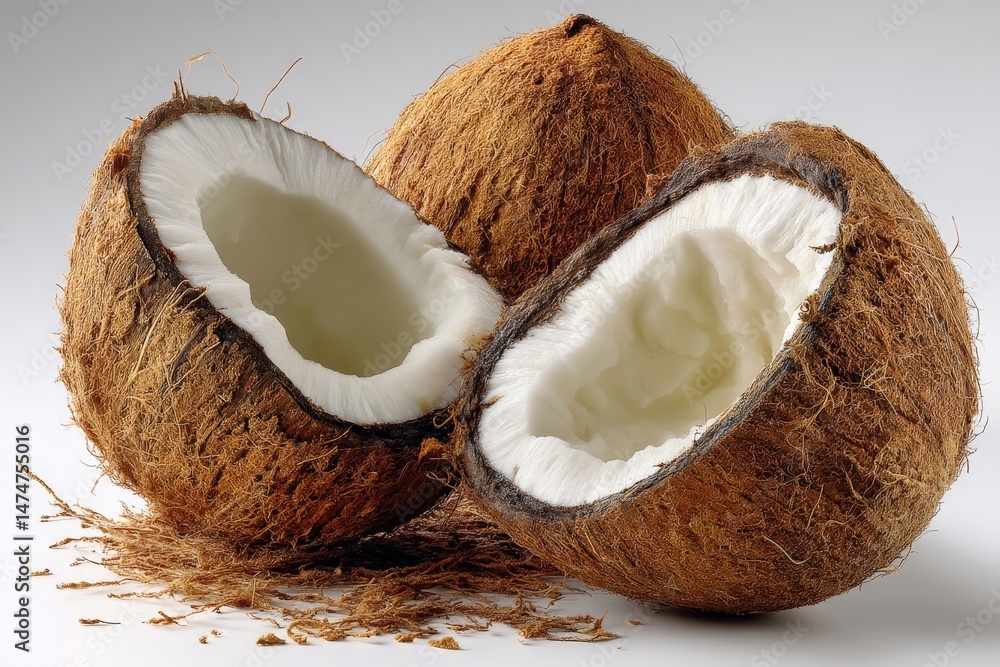 Poster Coconuts on a neutral background showcasing their outer shell and inner flesh in a modern kitchen setting