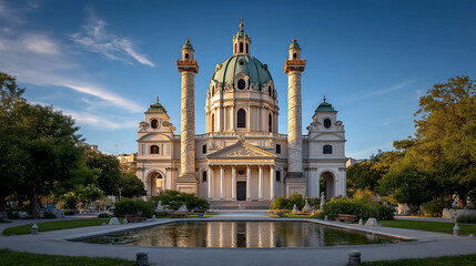 Grand building stands tall near a pond and trees under a sunny blue sky