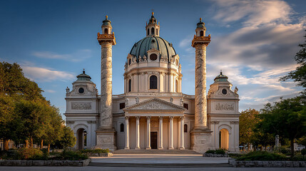 Obraz premium Grand white cathedral with blue dome and pillars against blue sky with clouds
