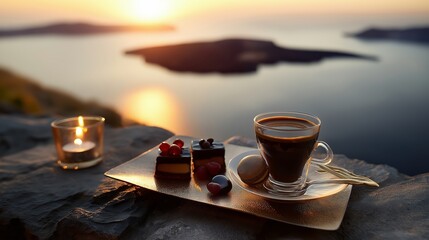 Cup of delicious coffee on blurred background of Portofino, Italy. Romantic evening view.