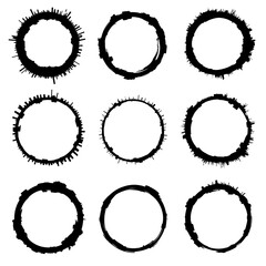 Oval and circle sketch shape, round charcoal marker, ink paint brush, grunge organic blob, irregular stain, black stroke spot isolated on white background.