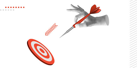 Hand preparing to throw dart at target. strategy, action and precision concept. Minimalist art...