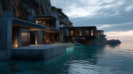 Modem cliffside villas, contrasting concrete plinths and glass facades, panoramic infinity pools stretching to sea level, dramatic lighting in stormy climates, drone views