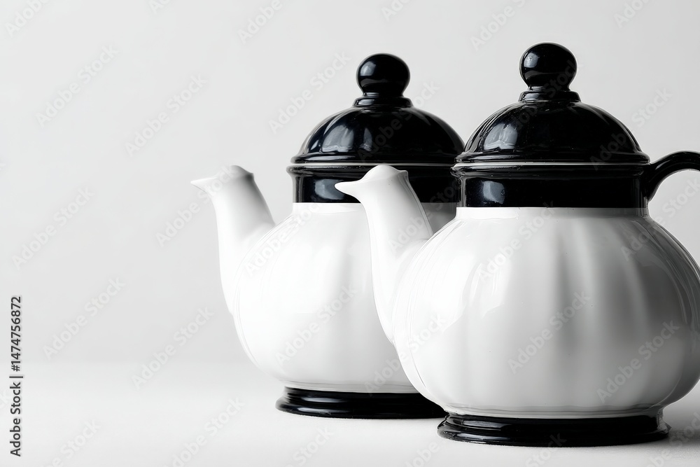 Fototapete elegant white and black teapots displayed on a minimalist background in a soft light setting