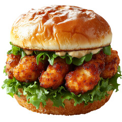 Delicious Crispy Shrimp Burger Fresh Lettuce Bun Appetizing Gourmet Food Photography Restaurant Menu Item Tasty Seafood Sandwich Summer Meal  Breaded Shrimp Burger  High Quality Image cook mayo lunch 