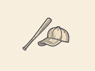 Fototapeta premium Thin-Line Bat and Baseball Cap Icons Crossed at Center – A Clean Visual for Cards, Flyers, or Minimal Branded Apparel Use