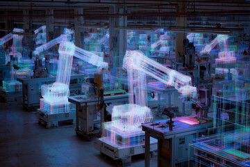 Futuristic factory filled with robotic arms visualized through glowing digital wireframes in a production line