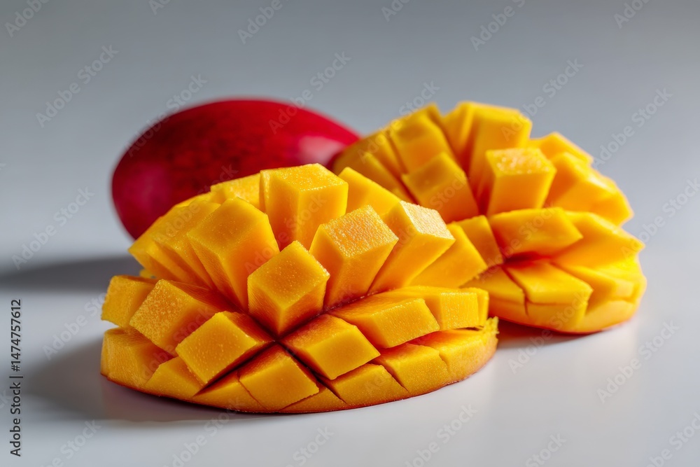 Aufkleber freshly cut mango slices arranged artistically on a clean surface showcasing vibrant colors and text